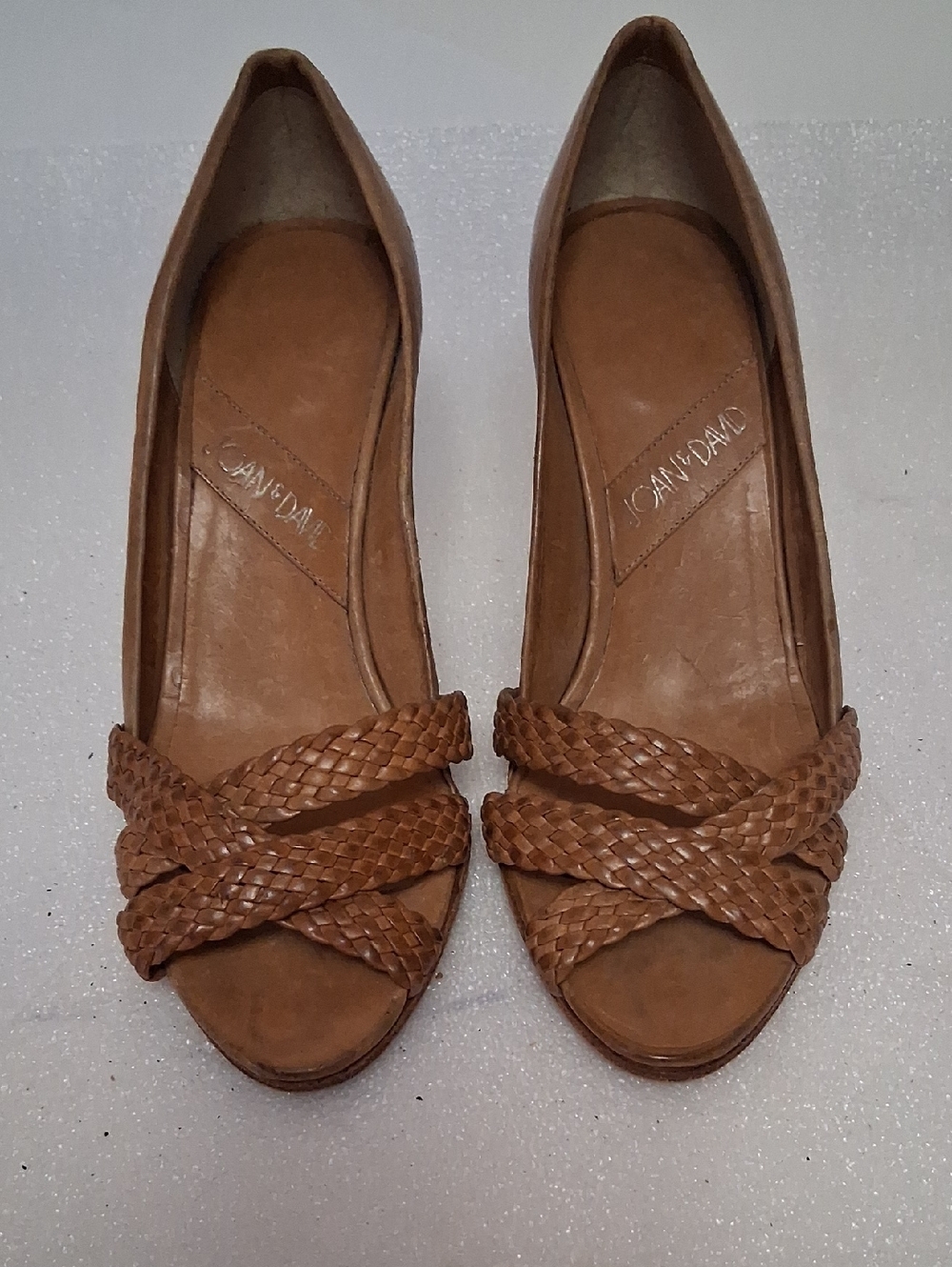 Joan & David Cognac Braided Leather Peep-Toe Heels
